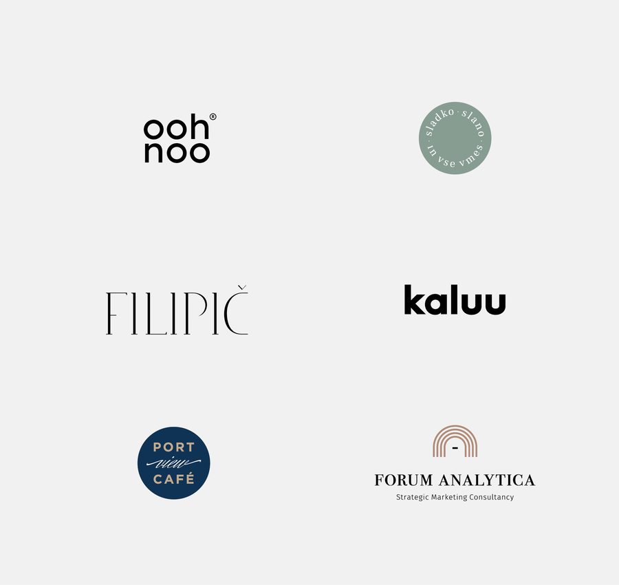 Pregled logotipov: ooh noo, Filipič, kaluu, Port Café, Forum Analytica