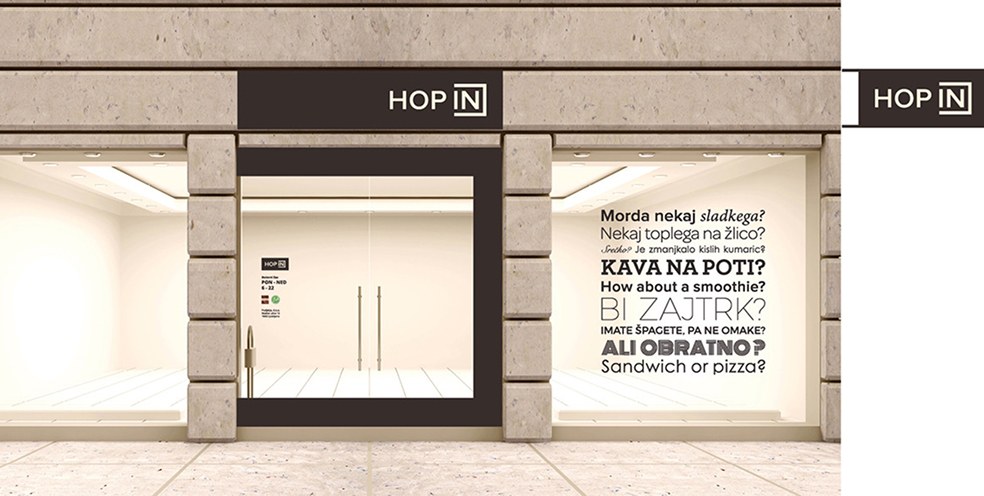 Fasada trgovine HOP IN z oblikovano signalizacijo